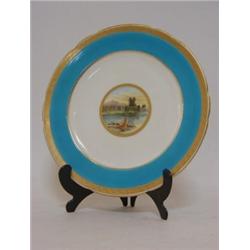 A MINTONS CABINET PLATE, late 19th Century, circular painted view of a ruin, raised gilt and turq...