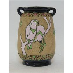 AN AMPHORA SECESSIONIST VASE, early 20th Century, twin handled, pink and green parrots on a buff...