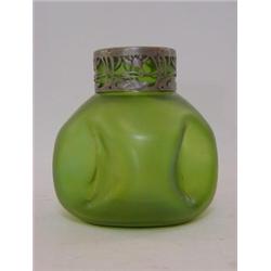 AN ARTS AND CRAFTS IRIDESCENT GREEN GLASS VASE, early 20th Century, (possibly Powell) tendril pie...