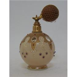 AN OPAQUE GLASS ATOMISER, late 19th Century, gilt over-enamelled and jewelled decoration, height...