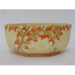 CHARLOTTE RHEAD FOR CROWN DUCAL, an octagonal fruit bowl, tube-lined autumnal leaves design, widt...