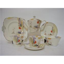 A TAMS WARE ART DECO TEA SET, 'Woodland' pattern, teapot, cream, sugar, cake plate, six tea plate...