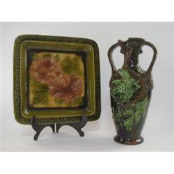A BRETBY ART POTTERY SQUARE TRAY, late 19th Century, moulded floral design, green and caramel maj...