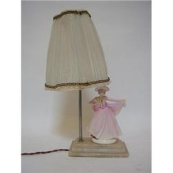A DECORATIVE TABLE LAMP BASE, 1940's, ceramic lady on a stepped alabaster plinth, height 42cm, (w...