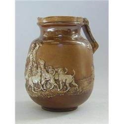 A ROYAL DOULTON STONEWARE HUNTING JUG, late 19th Century, sprigged hounds with master, the kill,...