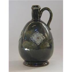 A ROYAL DOULTON STONEWARE BOTTLE JUG, late 19th Century, stylized floral devices on a mottled gre...