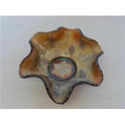 A BRONZE CARNIVAL GLASS DISH, wavy rim, Fenton Vintage leaf, diameter 15cm  £20-30...