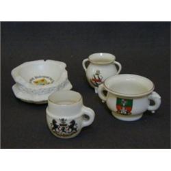GOSS CRESTED CHINA, four items, Shakespeare font, Urn, Ancient Cooking Pot and Ancient Cup (4)  £...