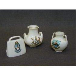 GOSS CRESTED CHINA, three items, Surrey Roman Vase, Weymouth Roman Vase and Swiss Cow Bell (3)  £...