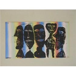 DUBUFFET, JEAN, (1901-1985) a screenprint in colours, 'Masques' five tribal heads on a rainbow gr...