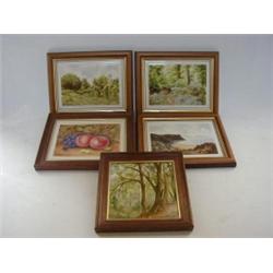 FORRESTER, ALLEN, a series of five painted tiles, three landscapes, one still life of peaches, ea...