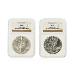 Set of (2) 1986-1987 $1 Silver Eagle Coins NGC Graded MS69