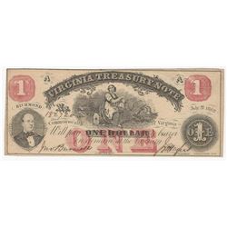 1862 $1 Virginia Treasury Obsolete Bank Note AU