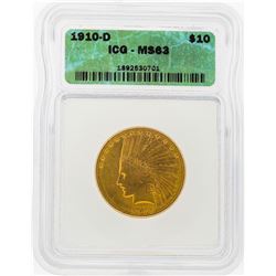 1910-D $10 Indian Head Eagle Gold Coin ICG MS63