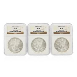 Set of (3) 2008 $1 American Silver Eagle Coins NGC Graded MS70