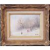 Image 1 : Max Karp (20th Century) American, WINTER PLAY, enamel painting on metal, 6 x 8", signed lower r...