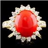 Image 1 : 14K Gold 2.50ct Coral & 1.20ctw Diamond Ring