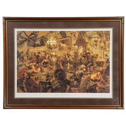 Three Framed Old West Prints and a Pair of Long Horn Steer Horns