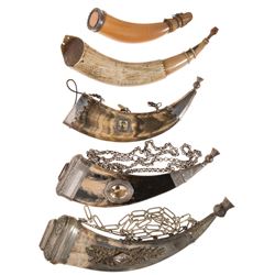 Five Powder Horns, Including a French & Indian War Dated New York Map Horn