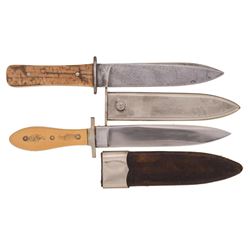 Two Drop Point Bowie Knives with Sheaths, Including a San Francisco Marked Bowie