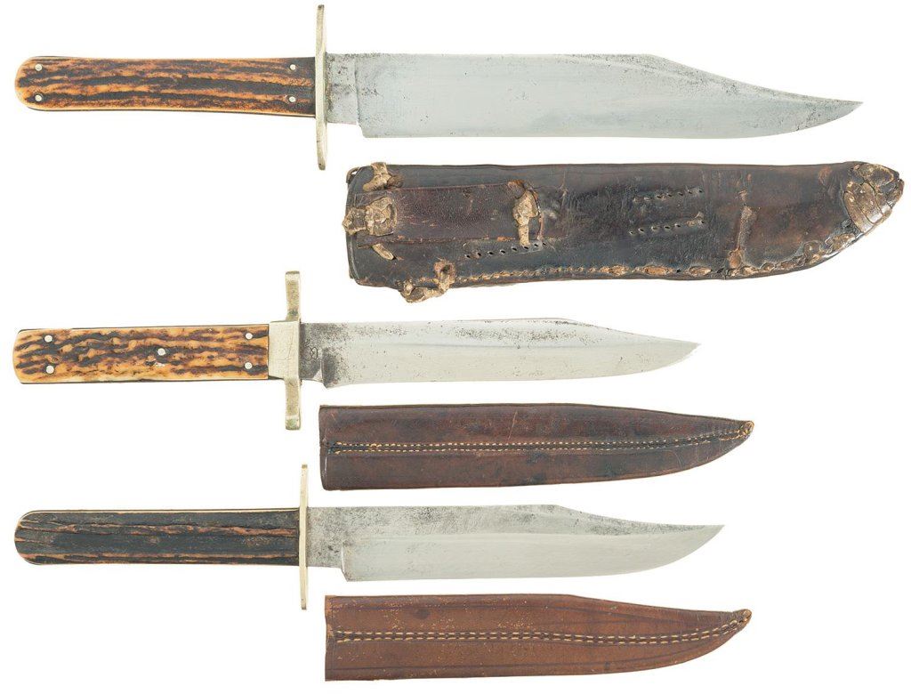 Three Sheffield Bowie Style Knives with Stag Handles