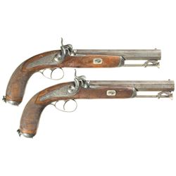 Pair of Engraved Belgian Percussion Pistols with Swivel Mounted Ramrods -A) Belgian Pistol