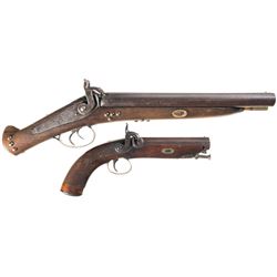 Two Percussion Handguns -A) Sawn-Off Double Barrel Shotgun or Blanket Gun with Tack Decoration and G