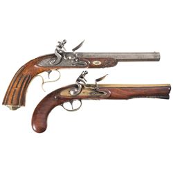 Two Engraved European Flintlock Pistols -A) Belgian Target Pistol