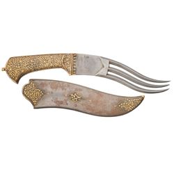 Unique Gold Koftgari Accented Triple-Point Indo-Persian Knife with Matching Sheath