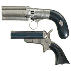 Two Antique Pepperbox Pistols -A) Engraved Mariette Underhammer Percussion Pepperbox Pistol