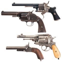 Four Handguns -A) Engraved Folding Trigger Double Action Pinfire Revolver