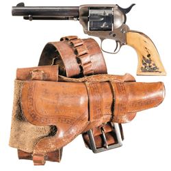 Antique Colt Single Action Army Revolver with Holster Rig and Stag Grips