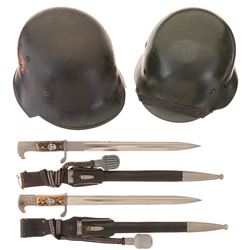 Two German Style Helmets and Two Bayonets