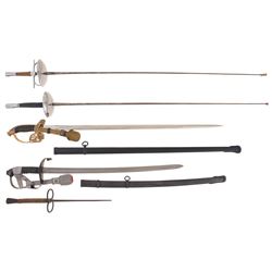 Three Fencing Foils and Two Solingen Swords