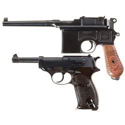 Two German Semi-Automatic Pistols -A) Mauser Broomhandle Pistol with "Red Nine" Grips