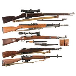 Five Military Longarms -A) Soviet Mosin Nagant Model 91/30 Bolt Action Rifle with Scope and Bayonet