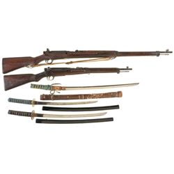 Two Japanese Bolt Action Longarms and Three Signed Swords -A) Japanese Type 38 Rifle with Sword