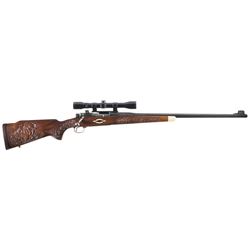 Engraved Pre-64 Winchester Model 70 Bolt Action Rifle in .375 H&H Magnum with Scope and Carved Stock