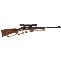 Engraved Pre-64 Winchester Model 70 Featherweight Bolt Action Rifle with Carved Stock and Scope