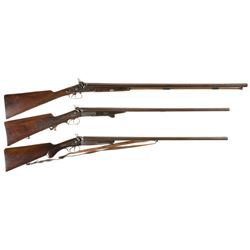Three Engraved Antique European Double Barrel Shotguns -A) Pyne Percussion Shotgun with Silver Inlay