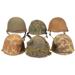 Six M1 Style Military Helmets with Covers and Seven Knives with Sheaths