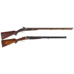 Two Double Barrel Shotguns -A) Engraved Silver and Gold Inlaid W. Richards Percussion Shotgun