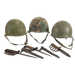 Three U.S. M1 Helmets and Three Trench Knives