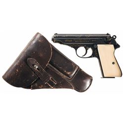 Attractive Gold and Silver Inlaid Walther Model PP Semi-Automatic Pistol with Holster, Attributed as
