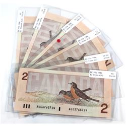 Group Lot of 6 x 1986 Canada Changeover $2 Notes in EF or Better Condition. You will receive the fol