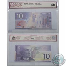 2001 $10 BC-63a Bank of Canada Knight-Thiessen FDV Prefix Note BCS Certified UNC-60