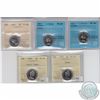Image 1 : Lot of 5x Canada 5-cent ICCS/CCCS Certified PL coins. This lot includes: 1962 5c ICCS PL-64, 1963 5c