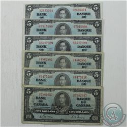Group Lot of six 1937 $5 Canada Notes. 6pcs