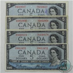 Group Lot of Four 1954 Devil's Face $5 Canada Notes with four Different Prefixes. 4pcs