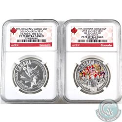 RCM Lot: 2x 2015 Canada $10 FIFA Women's World Cup "Go Canada Go" & "Heading the Ball" NGC Certified